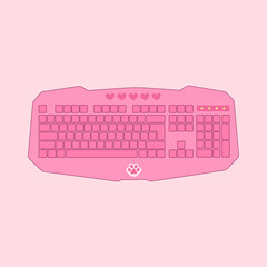 Pink vintage keyboard for girls vector illustration. Cute pink gaming keyboard with cat paw and hearts.