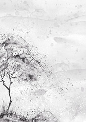 Watercolor vintage bush, a tree. On the Sunset. Abstract spots, shore, sky, watercolor landscape. Countryside landscape with tree on a hill.Country landscape. Cover, banner, drawing. splashes