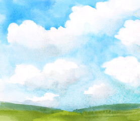 Naklejka na ściany i meble Abstract watercolor landscape with white fluffy clouds on blue sky and green grass field. Hand drawn natural countryside background illustration