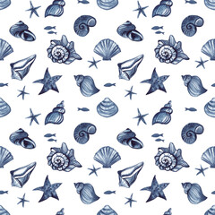 Digital paper, a pattern with a silhouette of watercolor shells and indigo starfish. Suitable for scrapbooking, seamless pattern.
