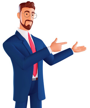 3d character portrait of positive man promoter point index finger copyspace hold hand demonstrates offer ads promo wear good look suit isolated over a white background