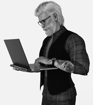 Close-up monochrome portrait of Marco, a 3D illustration computer character model render. Marco is an older silver-haired man with a white beard standing with a laptop on isolated white background. 