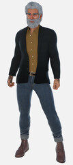 Full-length portrait of Marco, a 3D illustration computer character model render. Marco is an older silver-haired man with a full white beard standing on an isolated white background. 