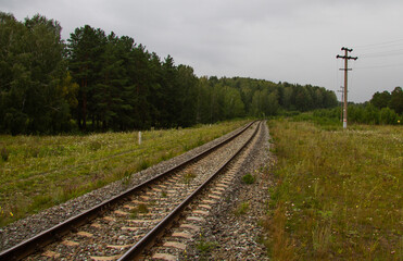 Fototapeta na wymiar Railroad tracks stretching into the distance. Summer landscape. Overall plan