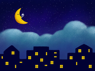 The crooked moon sleeps in the starry night sky. Houses in the city with lights from the windows at night.