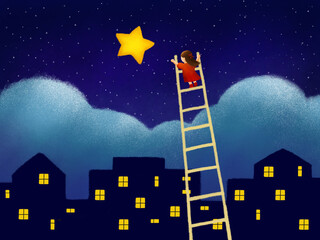 Little girl climbs a ladder to reach out for the stars in the evening. Starry night in the city.