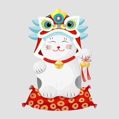 China lion dance maneki neko cat set in chinese style.Vector graphic. Happy chinese new year illustration. Japanese icon with red china symbol.