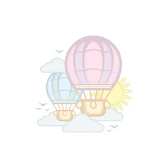 Sketch of funny cartoon stylized hot air balloons, flying in the sky, surrounded clouds, sun and birds. Kids vector illustration in soft pastel colors for sticker or print