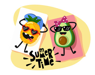 Pineapple and avocado on Beach vector. Characters relax