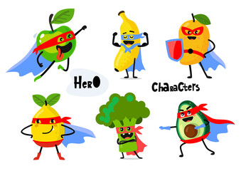 Funny fruit hero, superhero characters in masks vector.