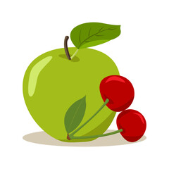 Green apple and cherry. Vector illustration with white background