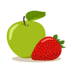 Green apple and strawberry. Vector illustration with white background                                                                                                                   
