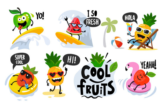 Fun fruits on vacation vector characters. In pool, surfing, lies on sun lounger.