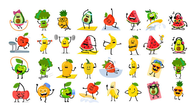 Cute cartoon set fruits characters vector.