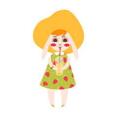 Cute rabbit hold summer drink. Bunny with summer hat and dress isolated on white background. Animal character vector illustration