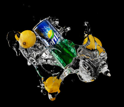 Malaga- Spain, February 19, 2022 Popular soft drink Sprite, a can with drops and splashes of water, Sprite It is a carbonated drink produced by the Coca-Cola Company