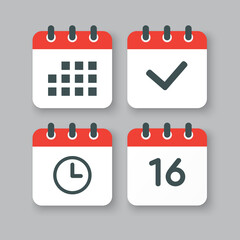 Icons calendar number 16, agenda app, timer, done