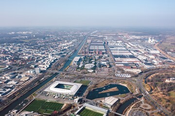 Fototapeta na wymiar Aerial cityscape of Wolfsburg, Germany