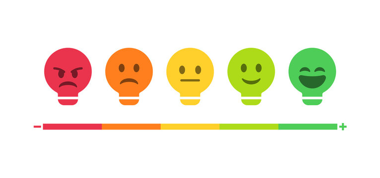 Feedback emoji slider or bulb emoticon level scale for rating emojis happy smile neutral sad angry emotions. five facial expression bad good idea emojis	