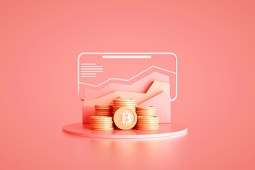 Bitcoin golden coin. Digital currency. Income growth statistics. Cryptocurrency concept. Money and finance symbol. 3d rendering.