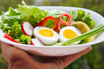 fresh vegetable and egg salad in white bowl