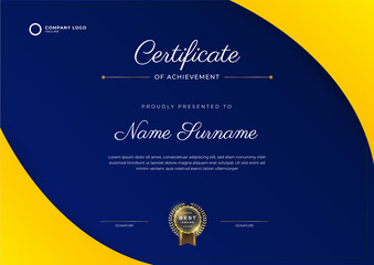 Modern blue certificate template and border, for award, diploma, and printing. Black and gold elegant certificate of achievement template with gold badge and border