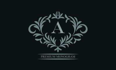 Exquisite logo design with letter A. Sign template for restaurant, royalty, boutique, cafe, hotel, heraldic, jewelry, fashion.