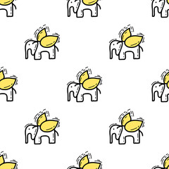 Seamless pattern with Illustration elephant with wings a doodle style black yellow color on white background