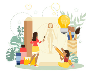 Girls draw a model of a person. The concept of a designer, artist and creative person. Hobbies as a way to a modern profession. Flat vector illustration in cartoon style.