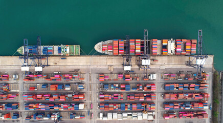 High angle view or Aerial view of Cargo crane container terminal at port , Cargo and shipping logistic