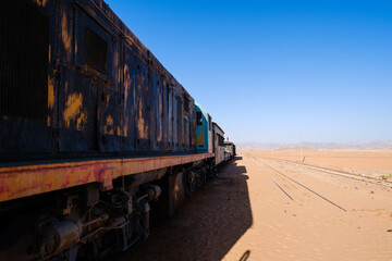 Historical train of the Hejaz Railway at the station in Wadi Rum desert in Jordan