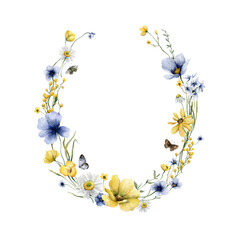 Watercolor floral wreath with summer  wildflowers and butterfliese. Greeting  template for you design. Romantic watercolor illustration.
