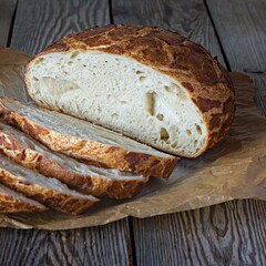 Fresh crispy Tiger (Dutch) bread with a delicious beautiful crust and wonderful homemade taste on a rustic wooden background. Bakery product with cracks.
