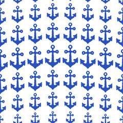 Small blue ink ship anchors isolated on white background. Cute monochrome seamless pattern. Vector simple flat graphic hand drawn illustration. Texture.