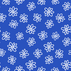 Small white ink contour linear flowers isolated on blue background. Cute monochrome floral seamless pattern. Vector simple flat graphic hand drawn illustration. Texture.