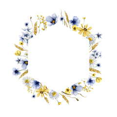 Watercolor floral frame with summer  wildflowers. Greeting  template for you design. Romantic watercolor illustration.