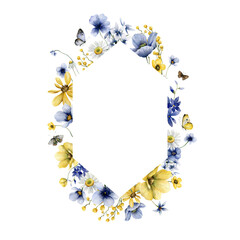 Watercolor floral frame with summer  wildflowers. Greeting  template for you design. Romantic watercolor illustration.