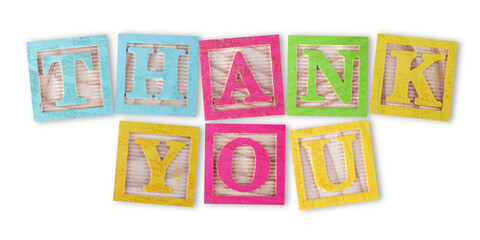 Thank you concept with childs wood blocks on white with clipping path to remove shadow