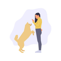 Girl and pet dog simple flat vector character illustration.