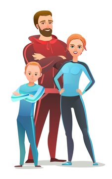 Man and woman and son in tracksuit. Got ready for sports activities. Cheerful person. Standing pose. Cartoon style. Single character. Illustration isolated on white background. Vector