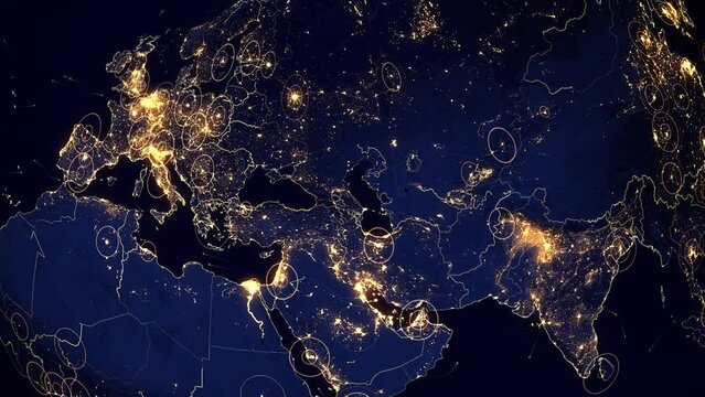 The Earth Is Connected By Air, Land And Sea. Futuristic Animation Of Asia and Europe Map With Bright Connections And City Lights. Aerial, Maritime, Ground Routes And Country Borders. 