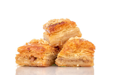 Sweet baklava classic, macro, isolated on white background.