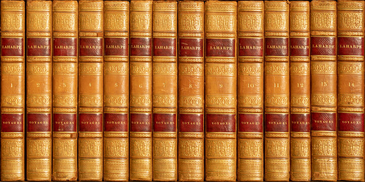 Row of old books in leather binding with gilt titles - 18th century travel collection