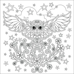 Owl, Bird, forest night landscape, vector drawn illustration, line art, contour sketch for coloring book antistress .