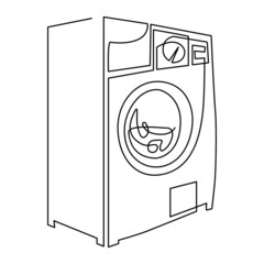 Horizontal loading washing machine illustration, continuous line drawing, isolated on white background.