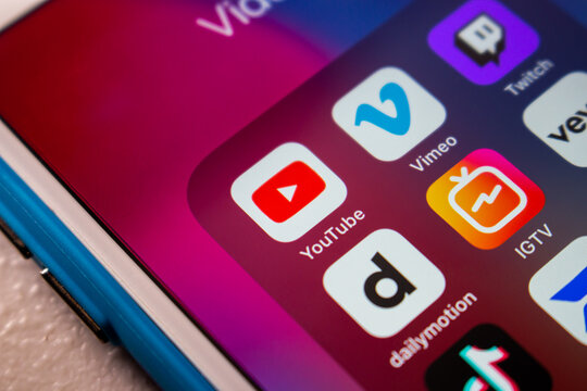 Kumamoto, JAPAN - Feb 7 2022 : The icons of YouTube and competitors or alternatives (Vimeo, Twitch, Dailymotion, IGTV, Vevo, TikTok and Wistia) on an iPhone. Video streaming concept
