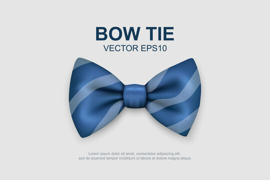 Vector 3d Realistic Striped Blue Bow Tie Icon Closeup Isolated on White Background. Silk Glossy Bowtie, Tie Gentleman. Mockup, Design Template. Bow tie for Man. Mens Fashion, Fathers Day Holiday