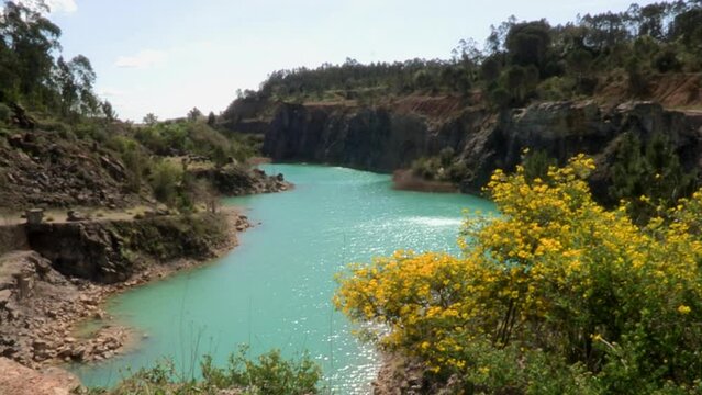 Lagoon formed in the old quarry of Maiorca, next to the Mondego fields, Figueira da Foz, Portugal - Top view