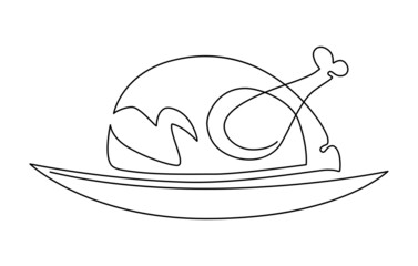Roasted whole poultry on a platter: chicken, turkey. Humorous illustration, continuous line drawing, isolated on white background.