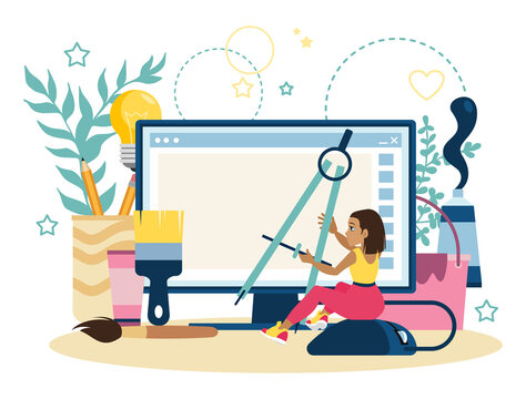 The girl is sitting on a computer mouse with a compasses. Design concept, artist and creative person. Hobbies as a way to a modern profession. Flat vector illustration in cartoon style.